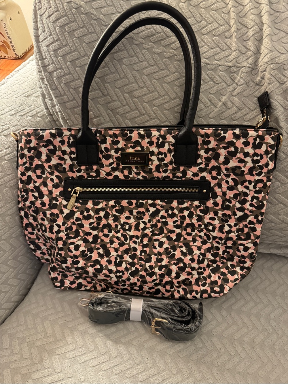 Trina Turk Pink and Black Leopard-Print Tote with Gold Accents